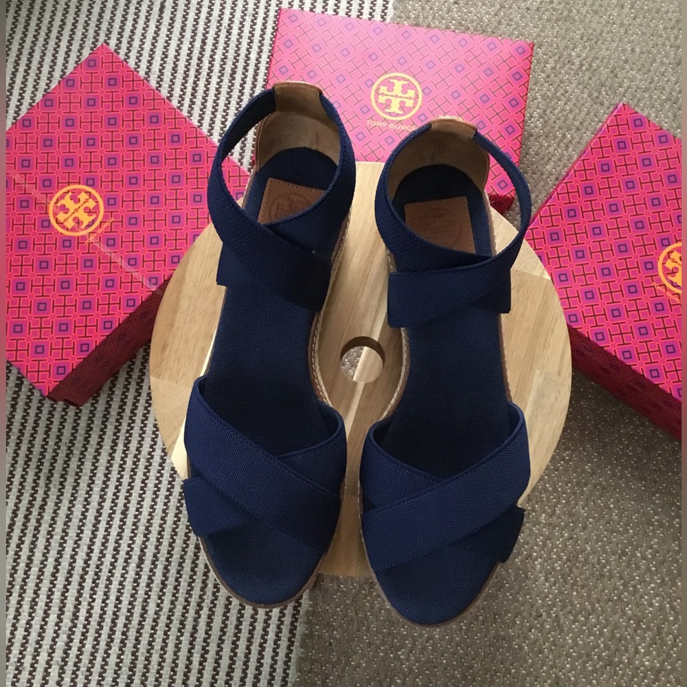TORY BURCH FRIEDA 50MM ESPADILLE STRIPE WEBBING/CALF LEATHER ROYAL NAVY/TAN BOX